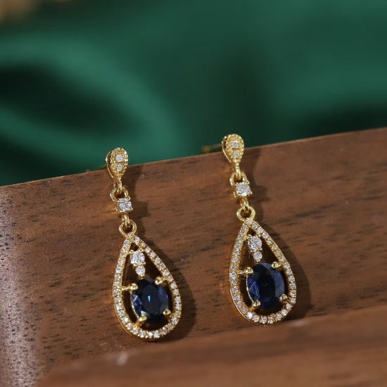 14k Gold 0.70 Ctw Vivid Blue Natural Sapphire & Diamond Earrings