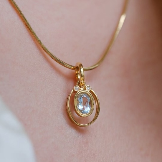 14k Gold 0.4 Ct Natural Aquamarine & Diamond Pendant( Without Chain )
