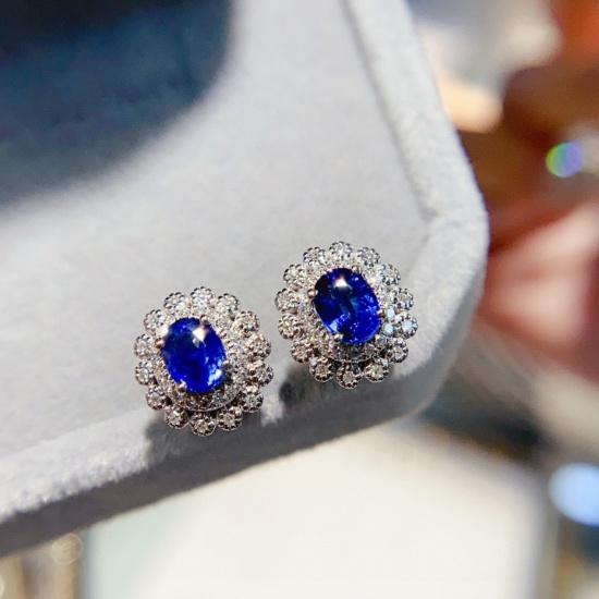 14k Gold 0.7 Ct Vivid Blue Natural Sapphire & Diamond Earrings