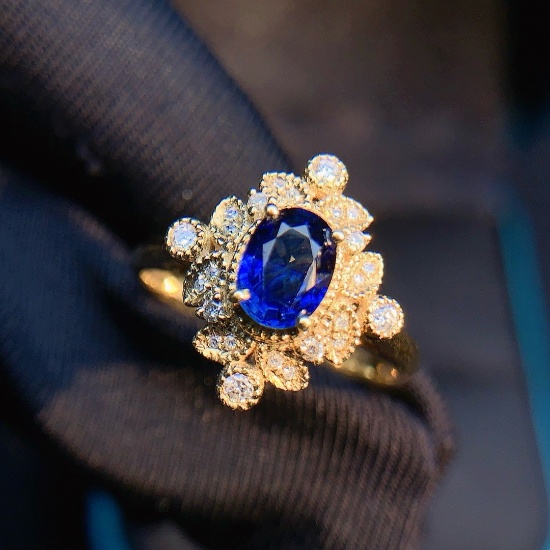 14k Gold 0.81 Ct Vivid Blue Natural Sapphire & Diamond Ring