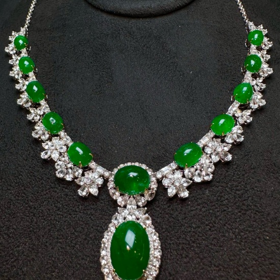 14k Gold 34.06 Ct Natural Emerald & Diamond Necklace