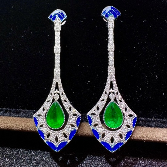 14k Gold 2.08 Ctw Vivid Green Natural Emerald & Diamond Earrings