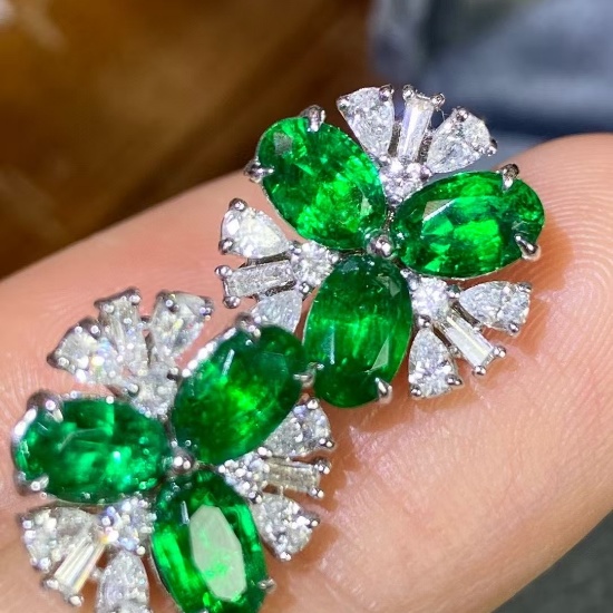 14k Gold 3.21 Ctw Vivid Green Natural Emerald & Diamond Earrings
