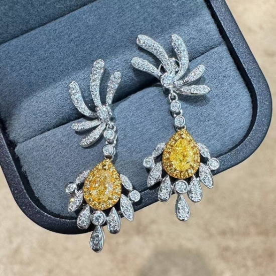 14k Gold 1.69 Ctw Natural Yellow Diamond & Diamond Earrings