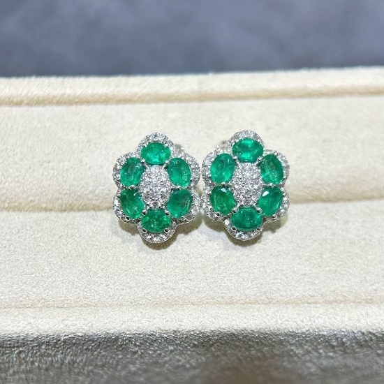 14k Gold 2.90 Ctw Natural Emerald & Diamond Earrings