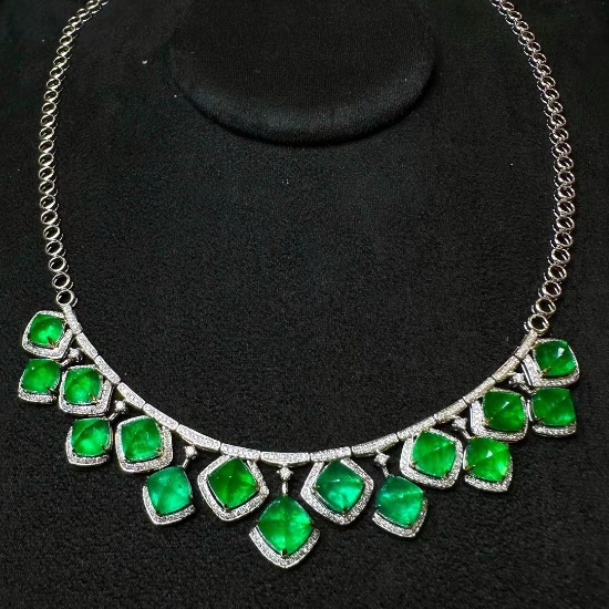 14k Gold 20.45 Ct Vivid Green Natural Emerald & Diamond Necklace
