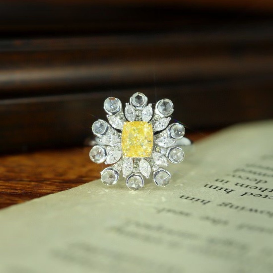 14k Gold 1.91 Ctw Natural Yellow Diamond & Diamond Ring