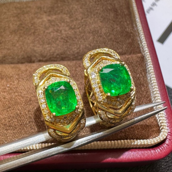 14k Gold 2.07 Ctw Vivid Green Natural Emerald & Diamond Earrings