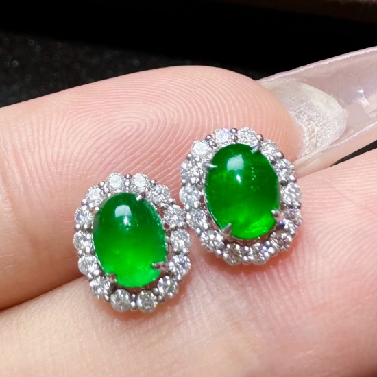 14k Gold 1.58 Ctw Vivid Green Natural Emerald & Diamond Earrings