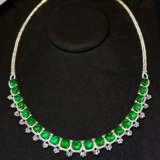 14k Gold 26.64 Ctw Vivid Green Natural Emerald & Diamond Necklace