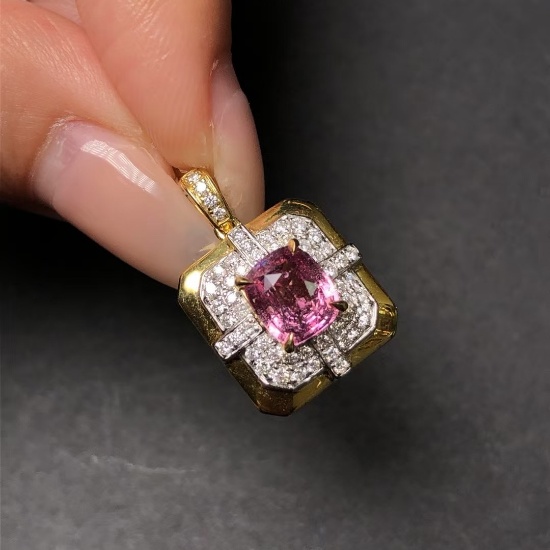 14k Gold 1.82 Ctw Natural Padparadscha Sapphire & Diamond Pendant( Without Chain )