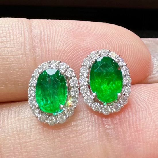 14k Gold 1.56 Ctw Vivid Green Natural Emerald & Diamond Earrings
