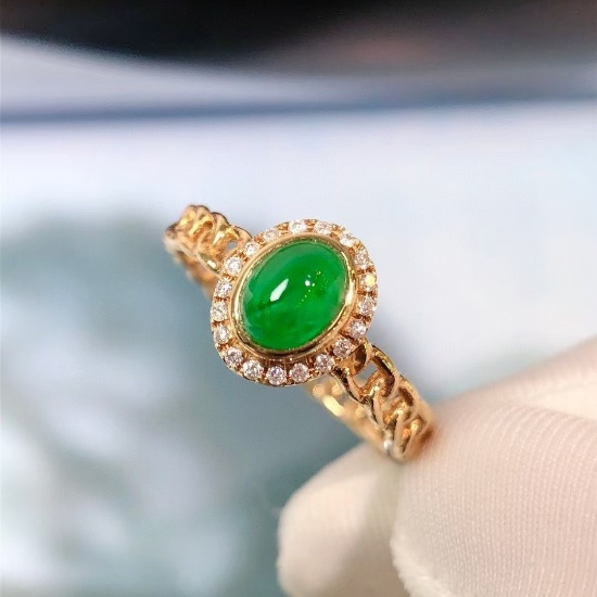 14k Gold 0.56 Ctw Vivid Green Natural Emerald & Diamond Ring