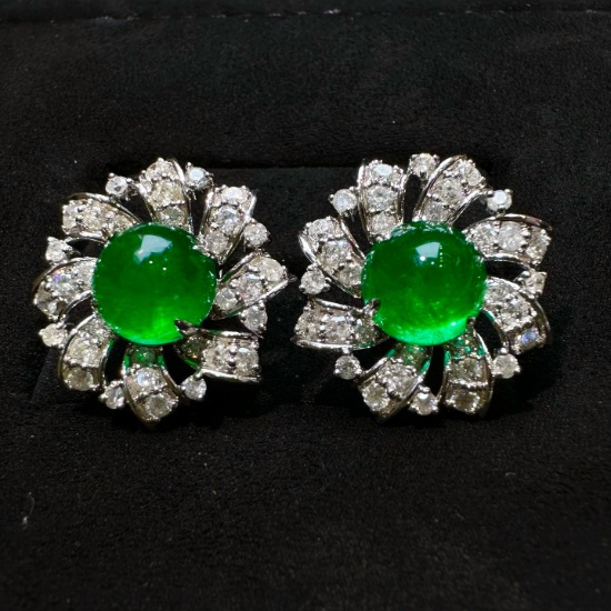 14k Gold 6.19 Ct Vivid Green Natural Emerald & Diamond Earrings