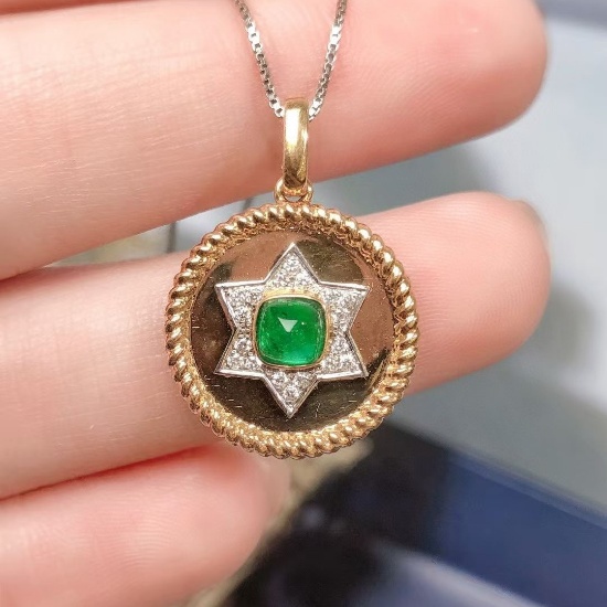 14k Gold 0.49 Ctw Vivid Green Natural Emerald & Diamond Pendant( Without Chain )