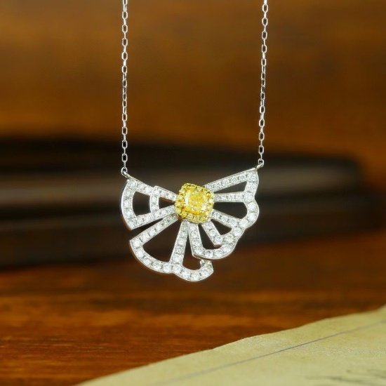 14k Gold 0.84 Ctw Natural Yellow Diamond & Diamond Necklace
