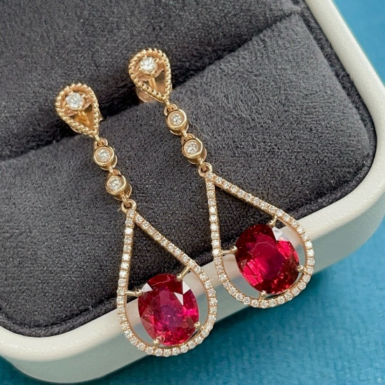 14k Gold 5.20 Ctw Natural Tourmaline & Diamond Earrings