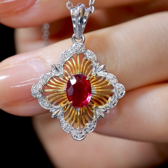 14k Gold 1.14 Ctw Natural Ruby & Diamond Pendant( Without Chain )