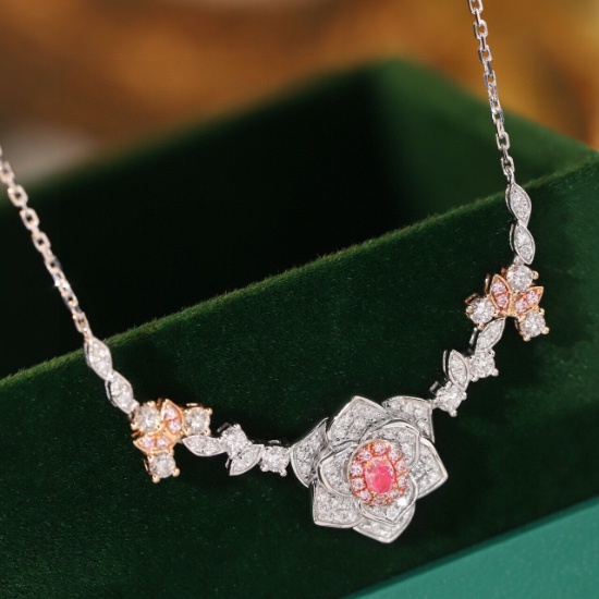 14k Gold 0.85 Ctw Natural Pink Diamond & Diamond & Flowers Necklace