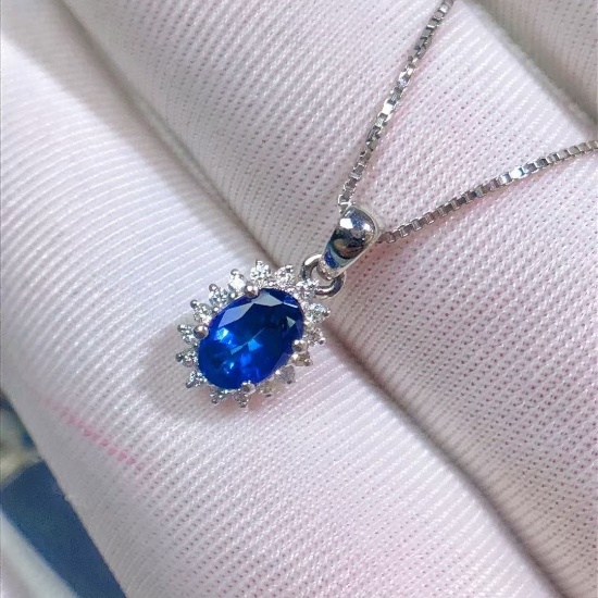 14k Gold 0.68 Ctw Vivid Blue Natural Sapphire & Diamond Pendant( Without Chain )