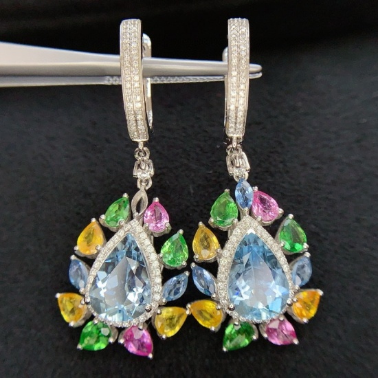 14k Gold 5.3 Ct Natural Aquamarine & Diamond Earrings