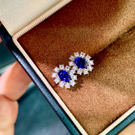 14k Gold 1.29 Ctw Vivid Blue Natural Sapphire & Diamond Earrings
