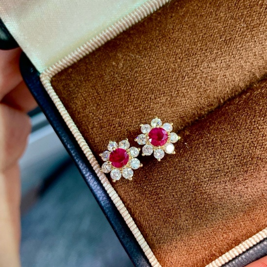 14k Gold 1.11 Ctw Natural Ruby & Diamond Earrings