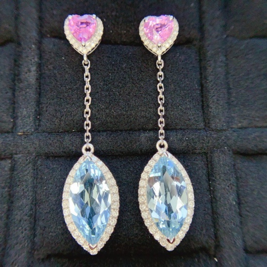 14k Gold 7.72 Ctw Natural Aquamarine & Diamond Earrings