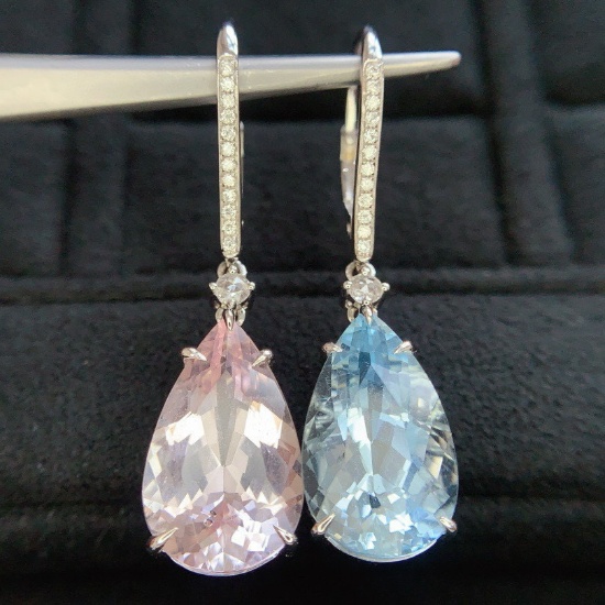 14k Gold 9.89 Ctw Natural Aquamarine & Morganite & Diamond Earrings
