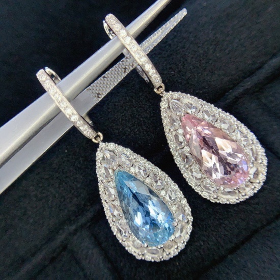 14k Gold 6.24 Ctw Natural Aquamarine & Morganite & Diamond Earrings