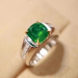 14k Gold 2.51 Ctw Vivid Green Natural Emerald & Diamond Ring