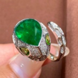 14k Gold 3.63 Ct Vivid Green Natural Emerald & Diamond & Tsavorite Ring