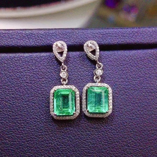 14k Gold 1.84 Ct Natural Emerald & Diamond Earrings