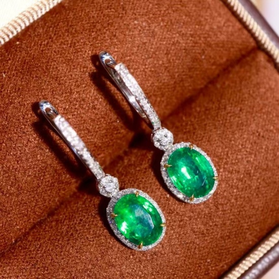 14k Gold 3.08 Ctw Vivid Green Natural Emerald & Diamond Earrings