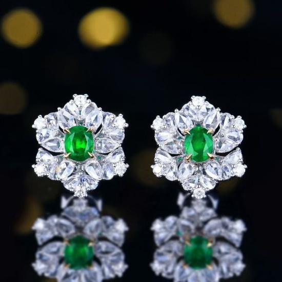 14k Gold 1.55 Ctw Vivid Green Natural Emerald & Diamond Earrings
