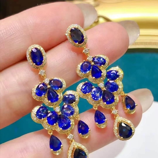14k Gold 9.61 Ctw Natural Sapphire & Diamond Earrings