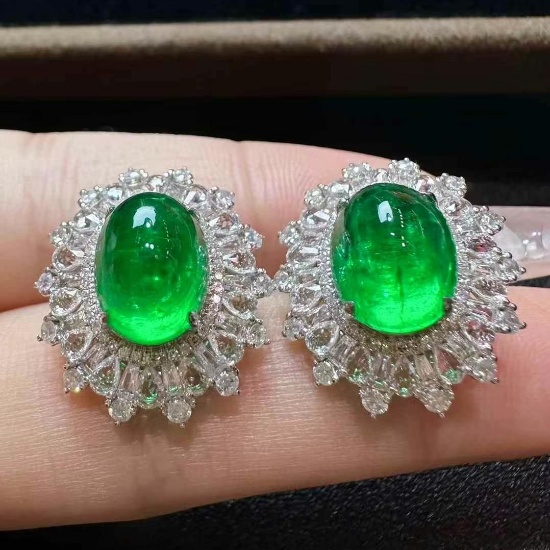 14k Gold 7.65 Ctw Vivid Green Natural Emerald & Diamond Earrings