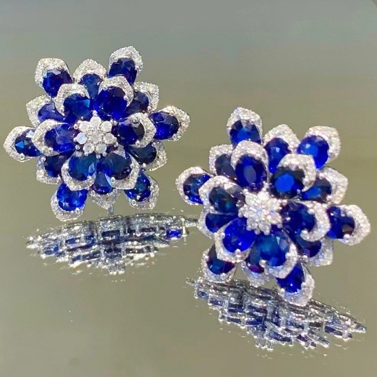 14k Gold 15.3 Ct Natural Sapphire & Diamond Earrings