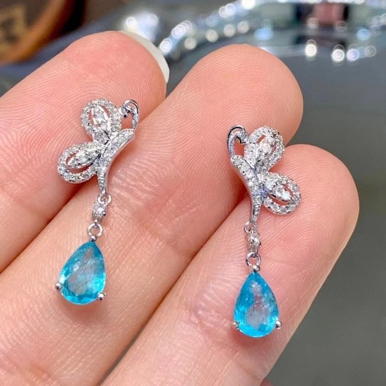 14k Gold 1.5 Ct Natural Paraiba Tourmaline & Diamond Earrings
