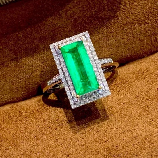 14k Gold 1.65 Ct Vivid Green Natural Emerald & Diamond Ring