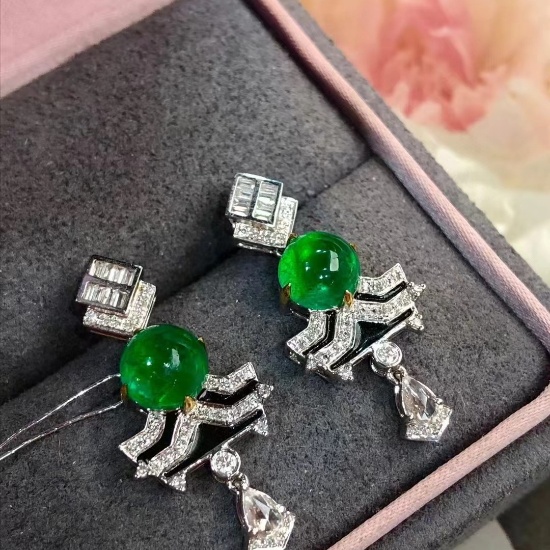 14k Gold 3.2 Ct Vivid Green Natural Emerald & Diamond Earrings
