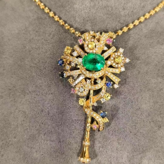 14k Gold 1.62 Ctw Natural Emerald & Diamond Brooch/pendant( Without Chain )