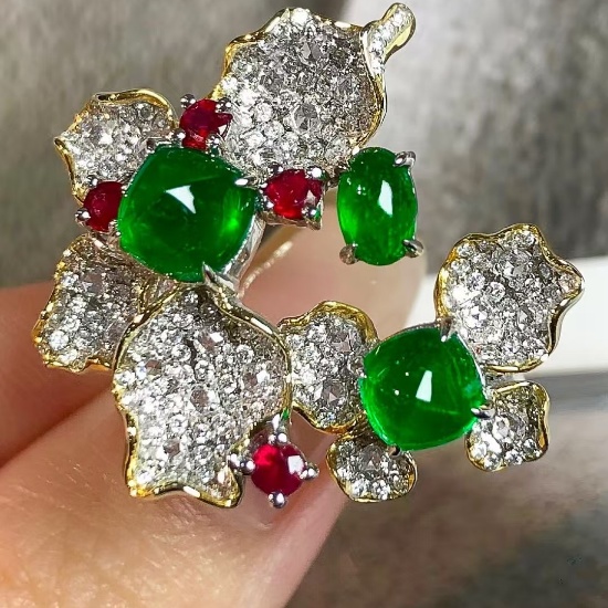 14k Gold 3.04 Ctw Vivid Green Natural Emerald & Ruby Ring