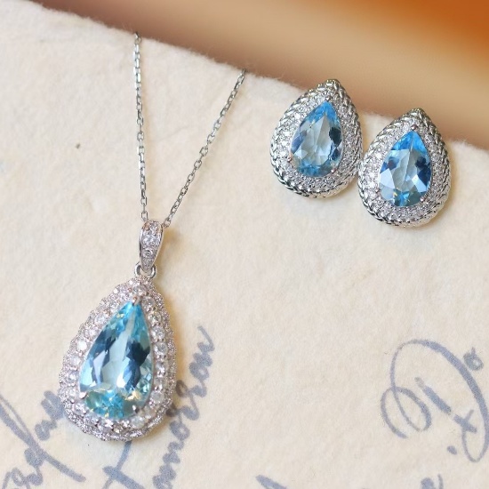 14k Gold 5.65 Ctw Natural Aquamarine & Diamond Jewelry Set
