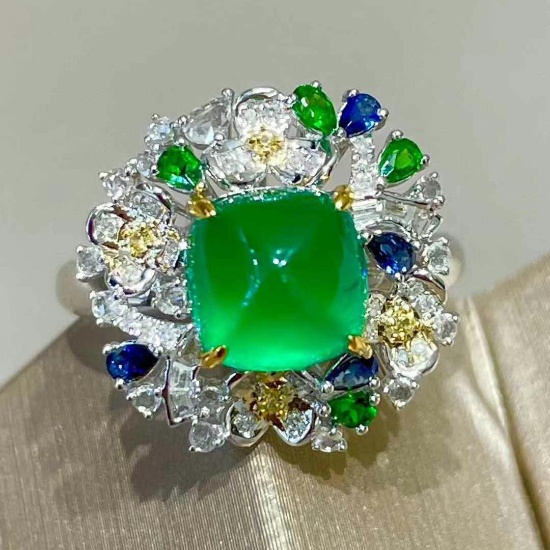 14k Gold 2 Ct Natural Emerald & Diamond & Sapphire & Emerald Ring