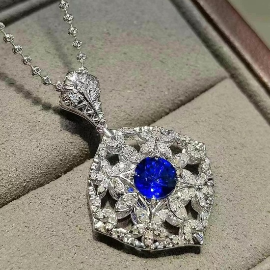 14k Gold 1.42 Ctw Natural Sapphire & Diamond Pendant( Without Chain )
