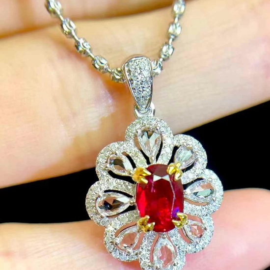 14k Gold 1.05 Ct Vivid Red Natural Ruby & Diamond & Sapphire Pendant( Without Chain )
