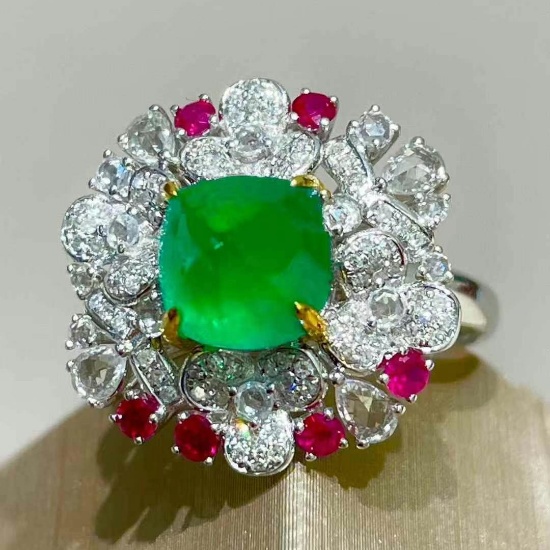 14k Gold 2.5 Ct Vivid Green Natural Emerald & Diamond & Ruby Ring