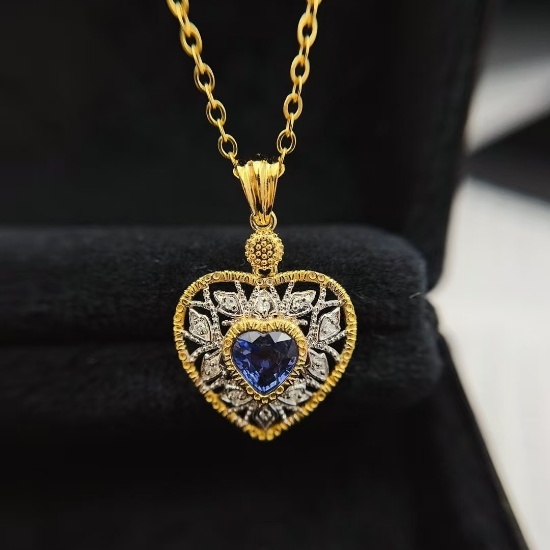 14k Gold 0.80 Ct Natural Sapphire & Diamond Pendant( Without Chain )