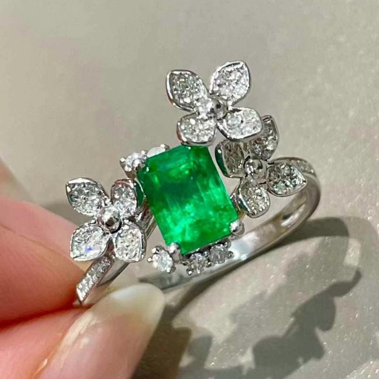 14k Gold 1.3 Ct Vivid Green Natural Emerald & Diamond Ring